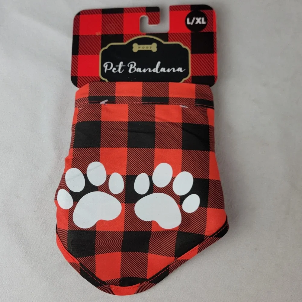 WOOF Pet Bandana L XL Red Black Buffalo Plaid Paw Print Dog Cat Scarf Christmas